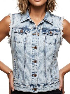 Love Stitch Acid Wash Denim Vest Frayed Sleeveless Jean Jacket Boho Grunge S